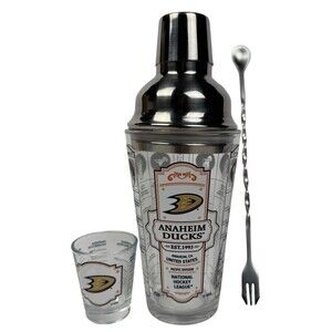 Anaheim Ducks Bartender Set Shot Mixing Glass Lid Jigger Bar Spoon NHL New